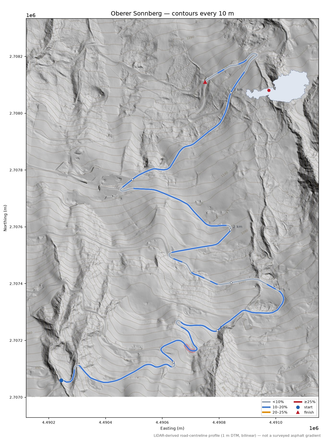 Oberer Sonnberg LiDAR hillshade map with contours