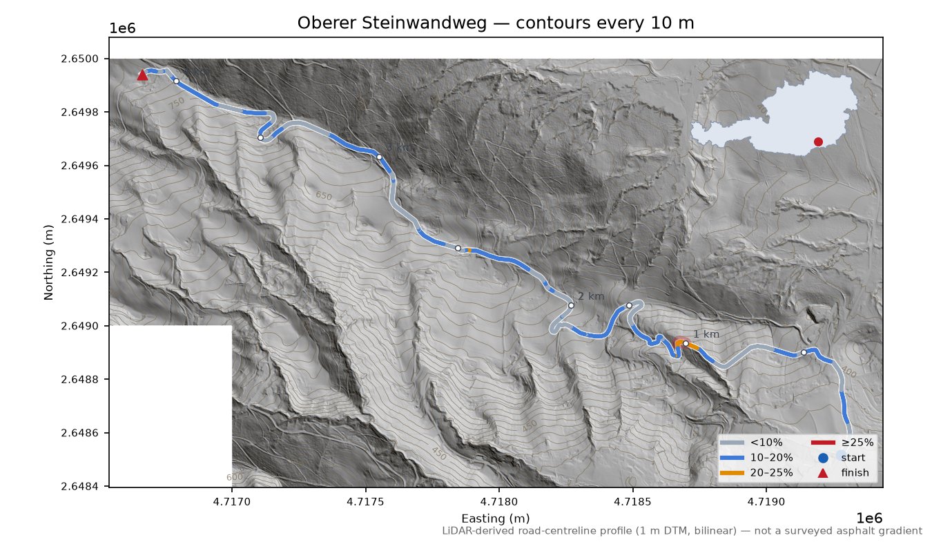 Oberer Steinwandweg LiDAR hillshade map with contours