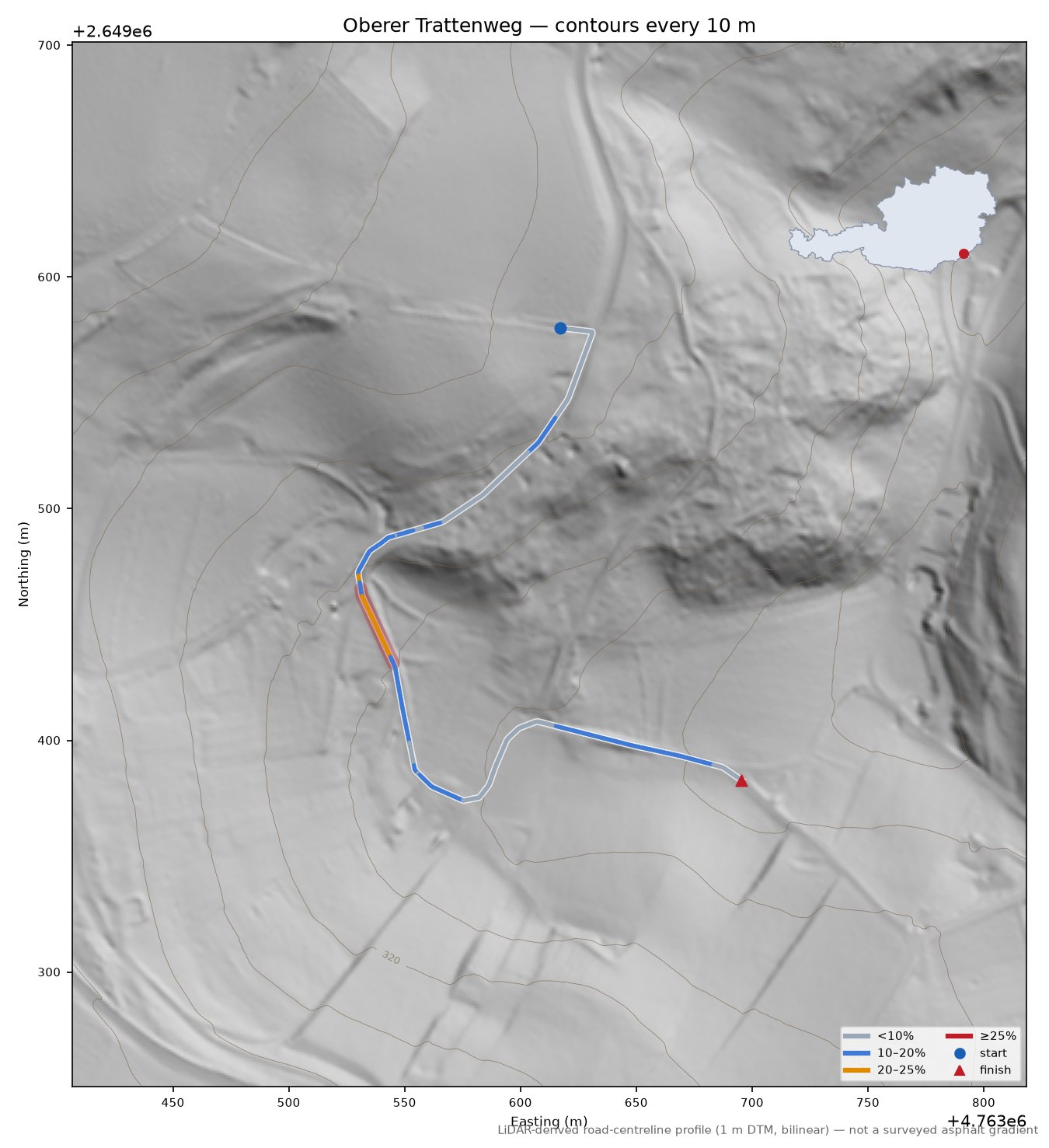 Oberer Trattenweg LiDAR hillshade map with contours