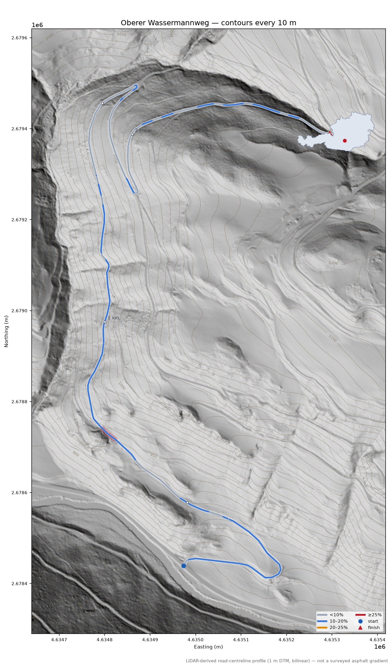 Oberer Wassermannweg LiDAR hillshade map with contours