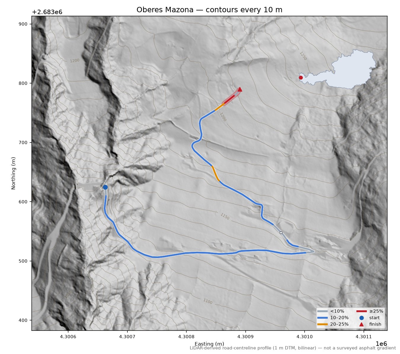 Oberes Mazona LiDAR hillshade map with contours