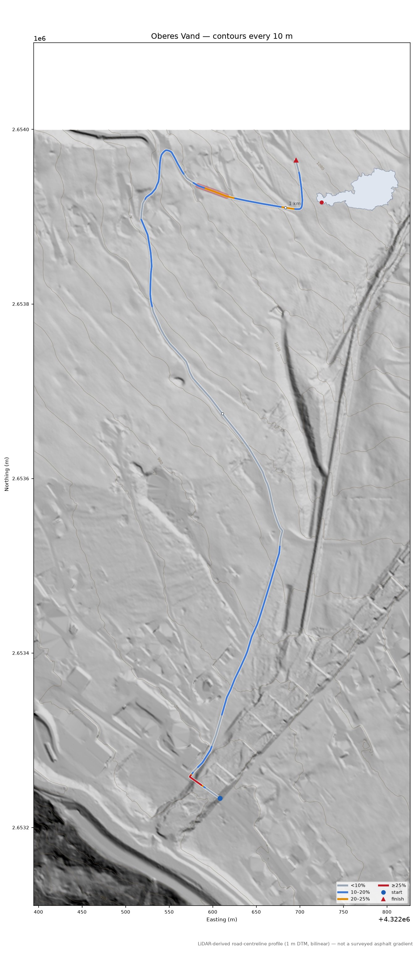 Oberes Vand LiDAR hillshade map with contours