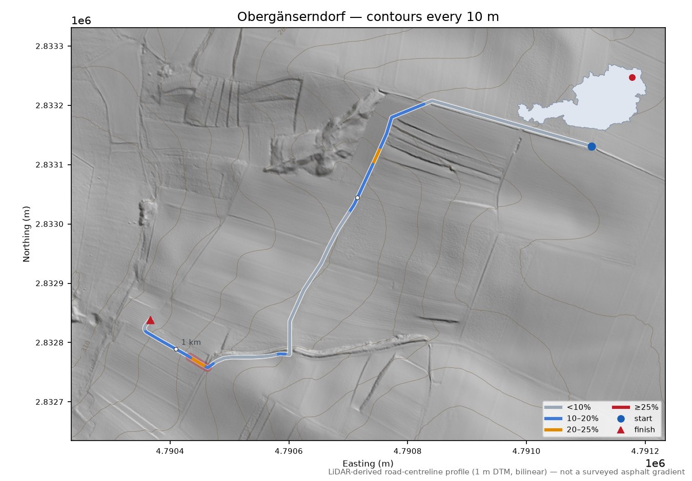 Obergänserndorf LiDAR hillshade map with contours