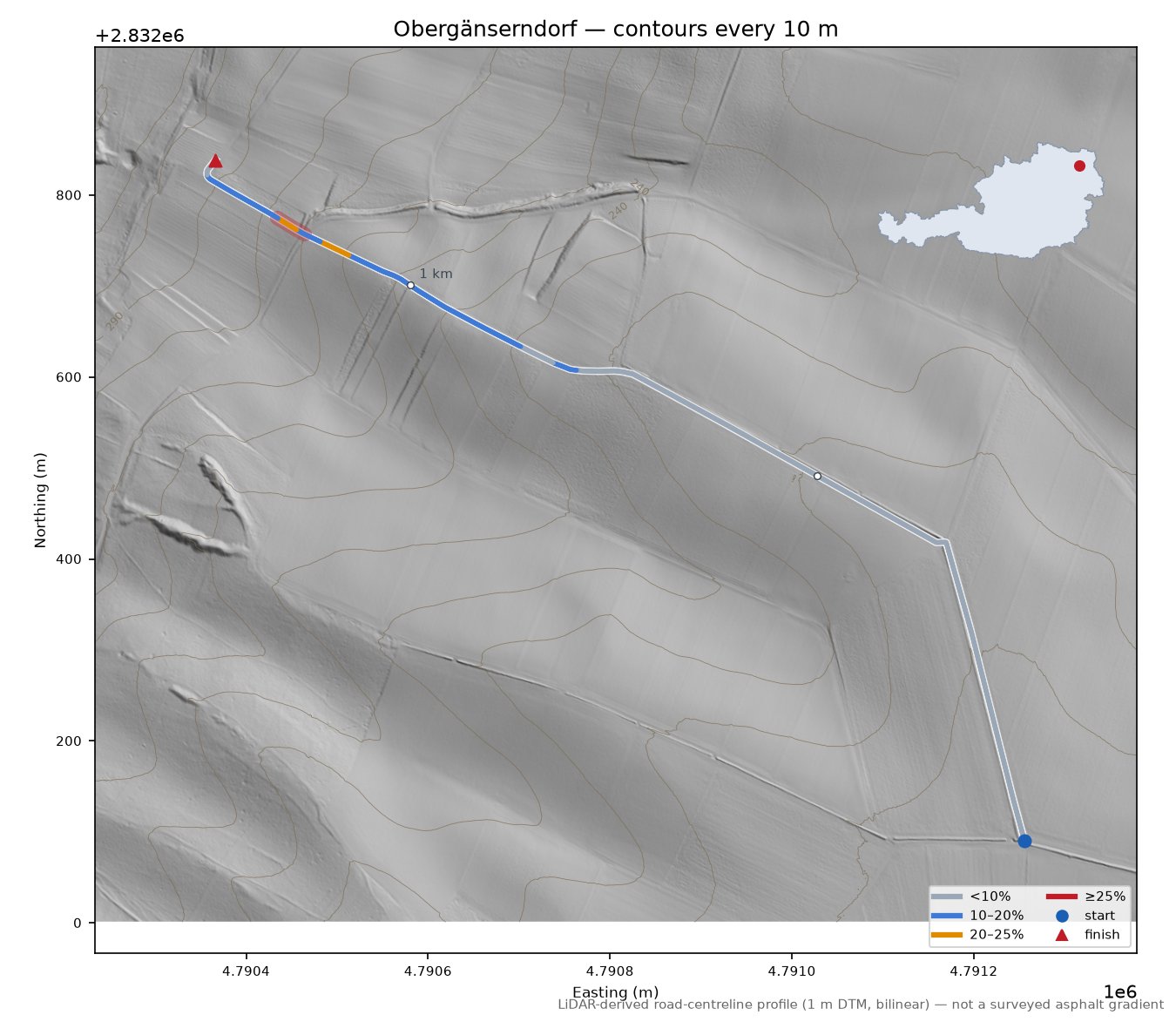 Obergänserndorf LiDAR hillshade map with contours