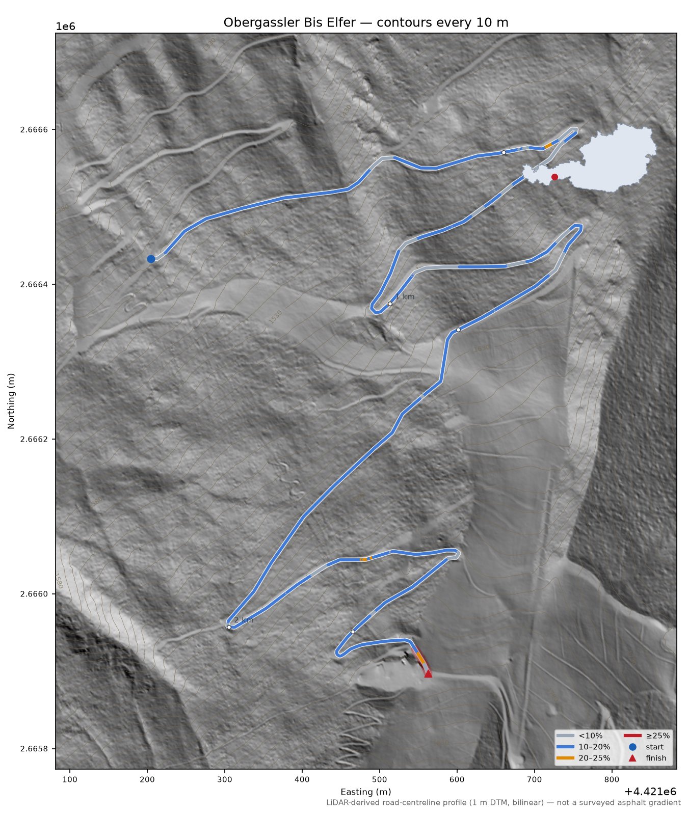 Obergassler Bis Elfer LiDAR hillshade map with contours