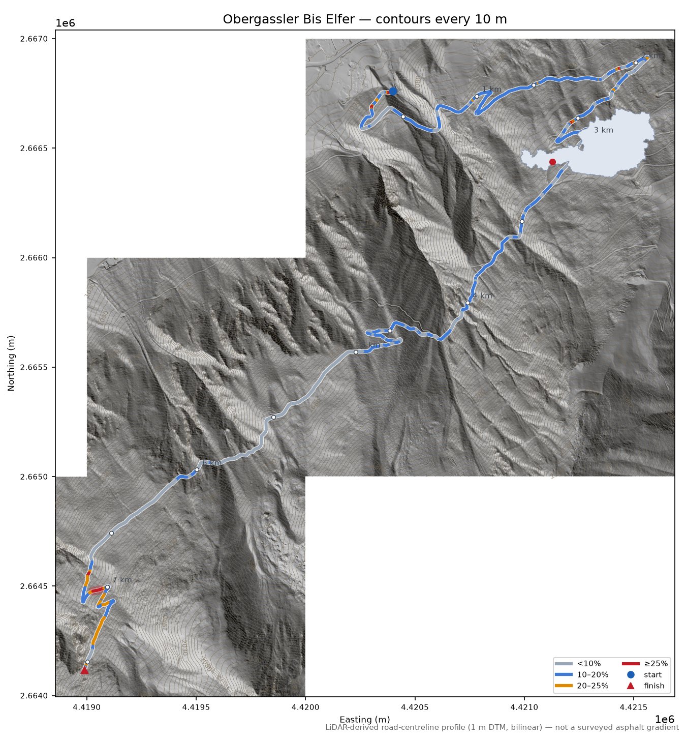 Obergassler Bis Elfer LiDAR hillshade map with contours