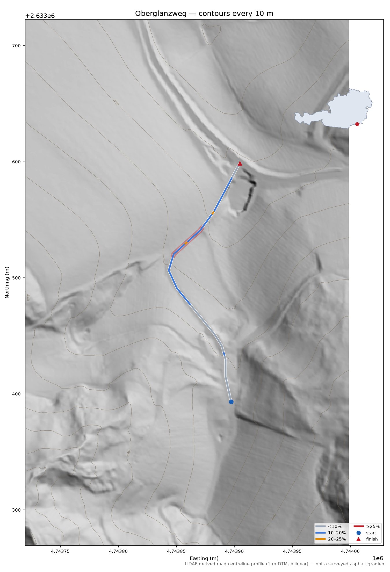 Oberglanzweg LiDAR hillshade map with contours