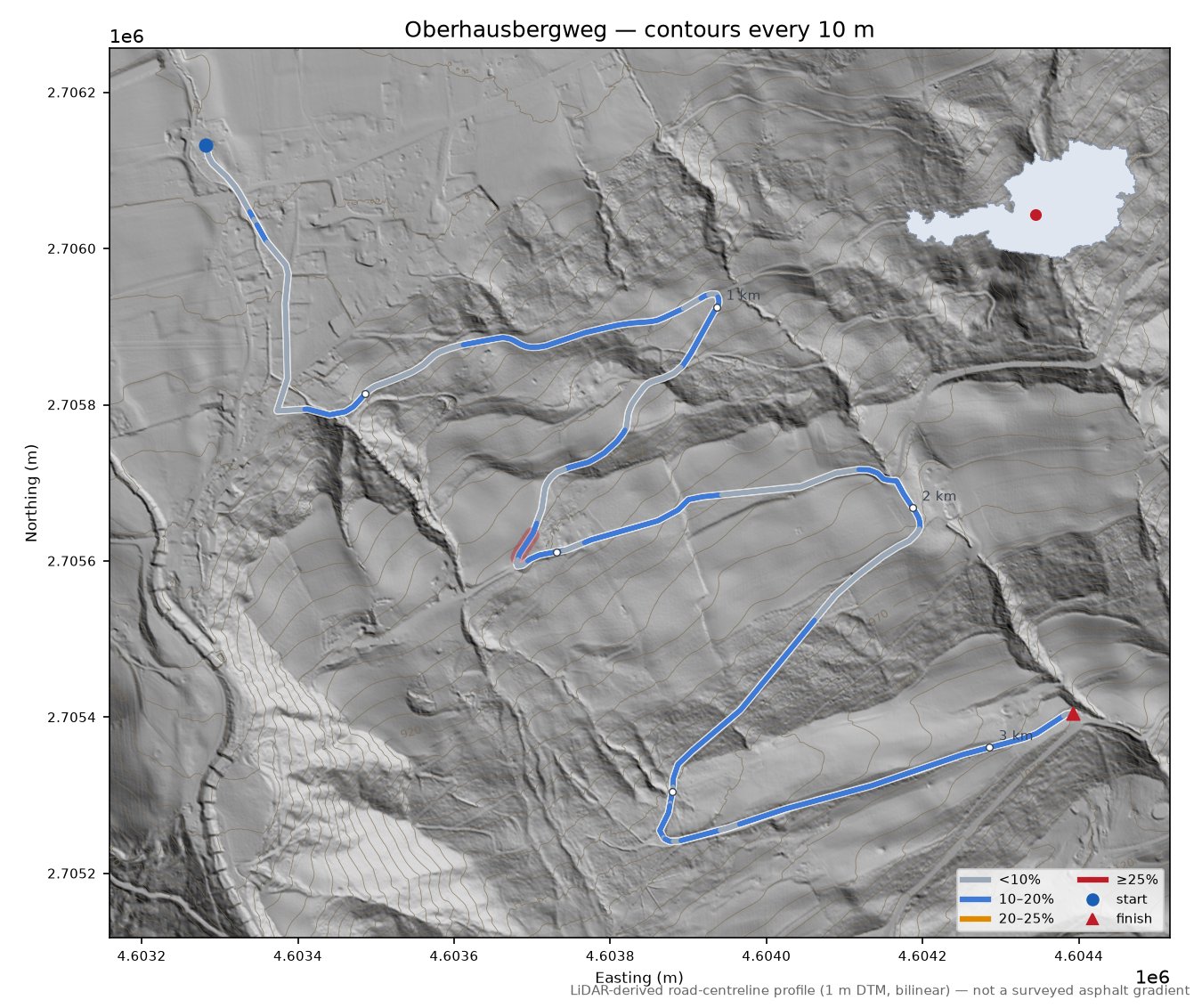Oberhausbergweg LiDAR hillshade map with contours
