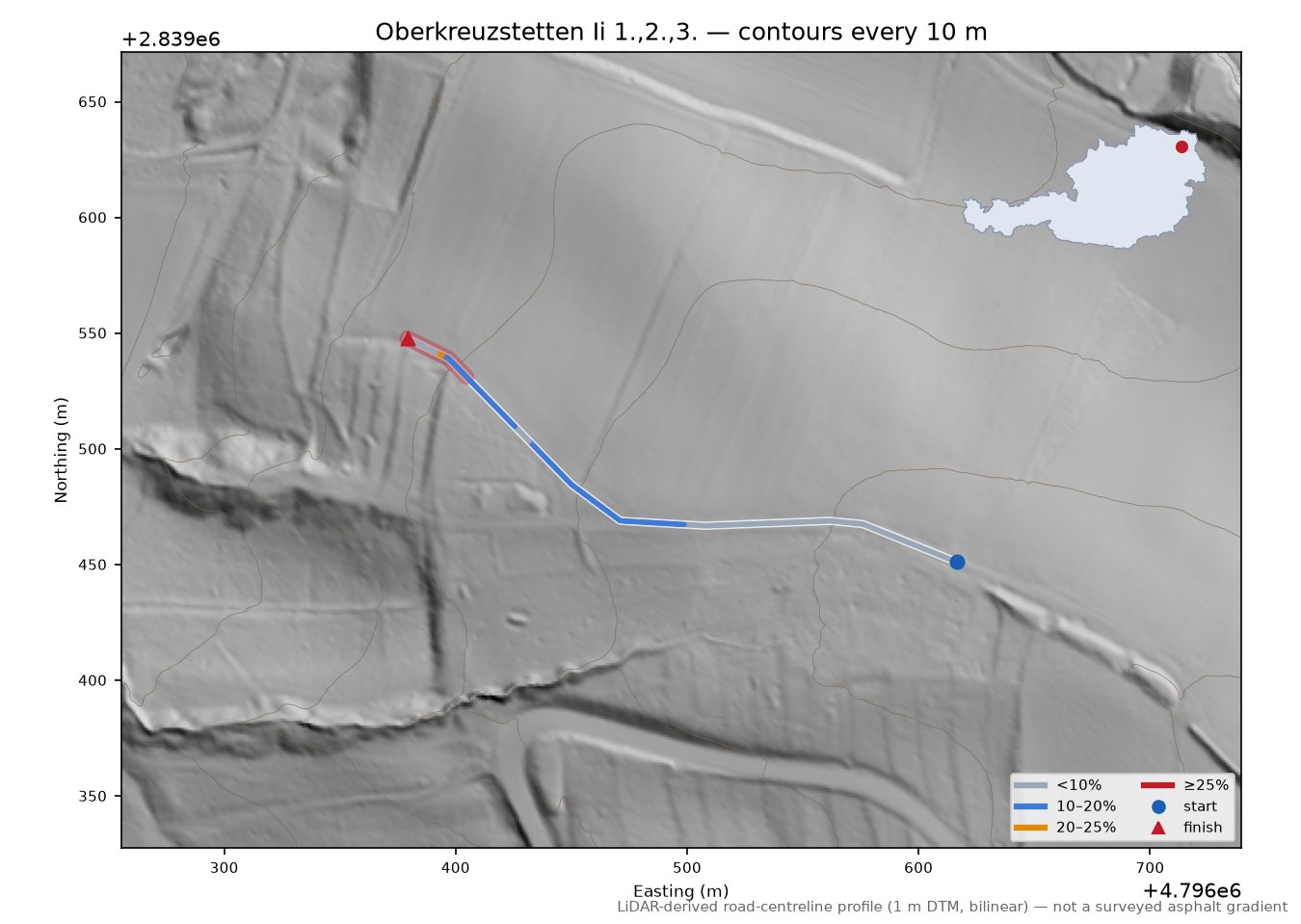 Oberkreuzstetten Ii 1.,2.,3. LiDAR hillshade map with contours