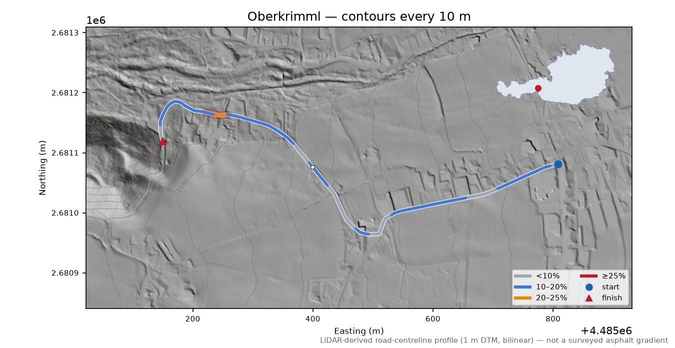Oberkrimml LiDAR hillshade map with contours