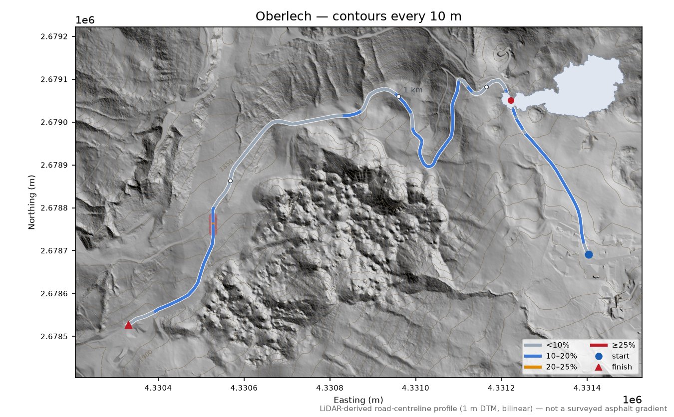 Oberlech LiDAR hillshade map with contours