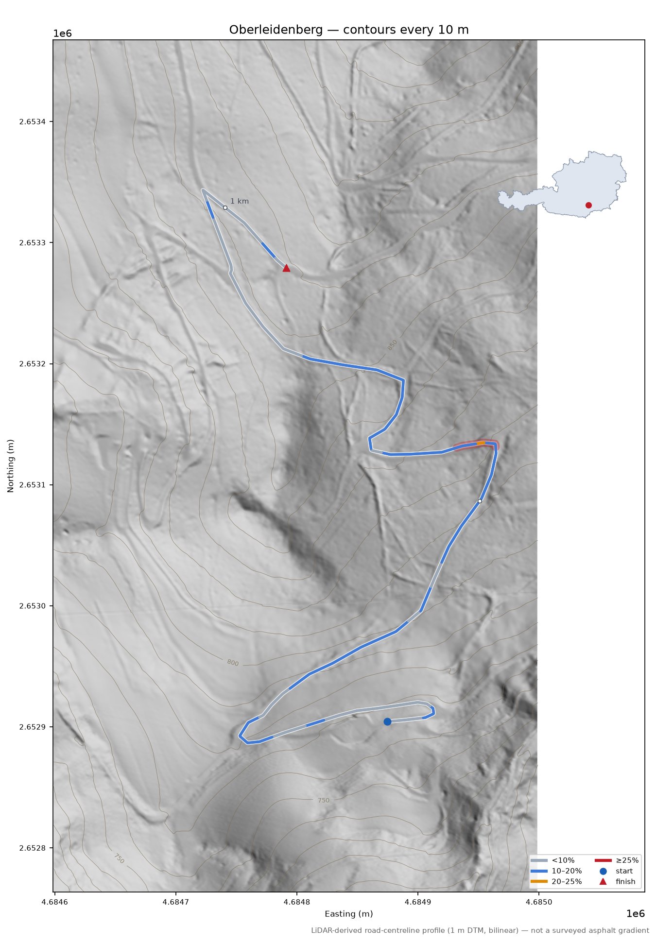 Oberleidenberg LiDAR hillshade map with contours