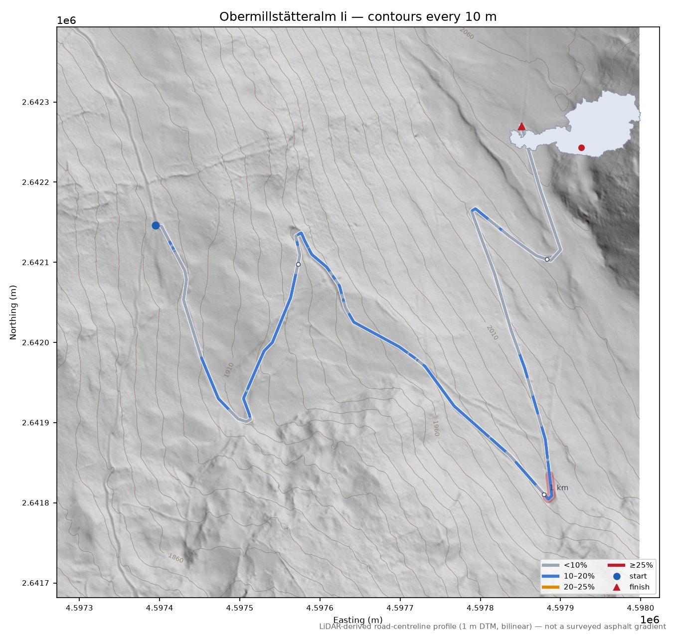 Obermillstätteralm Ii LiDAR hillshade map with contours