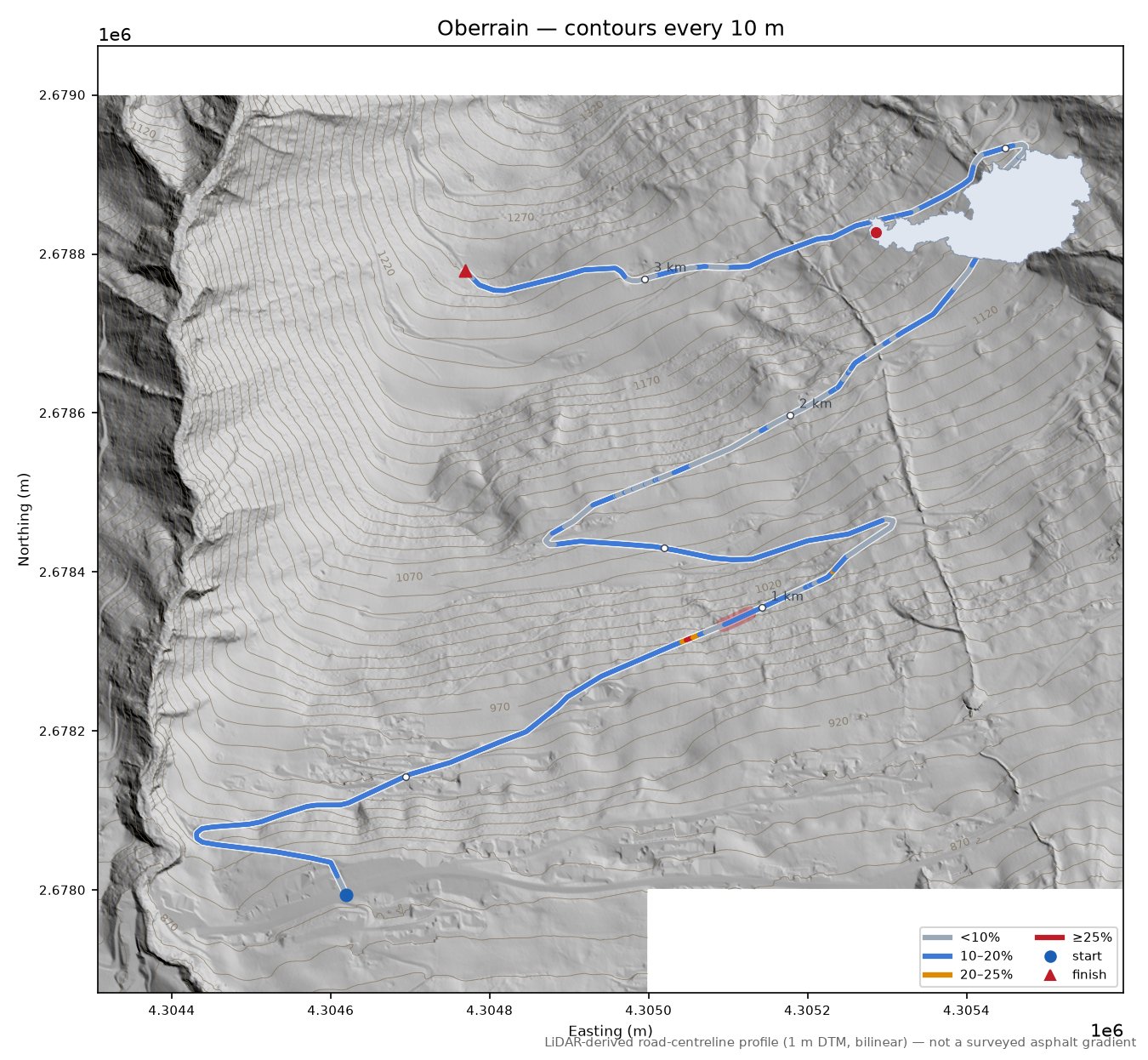 Oberrain LiDAR hillshade map with contours