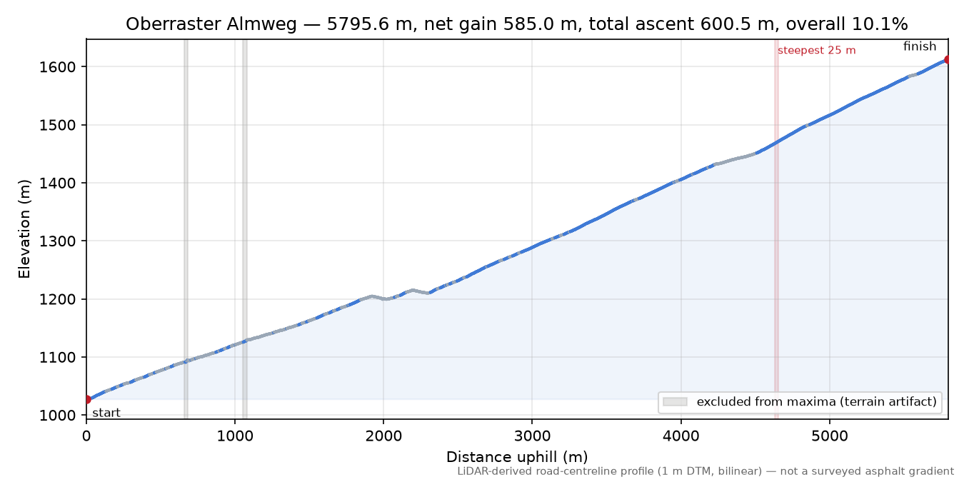 Oberraster Almweg elevation profile