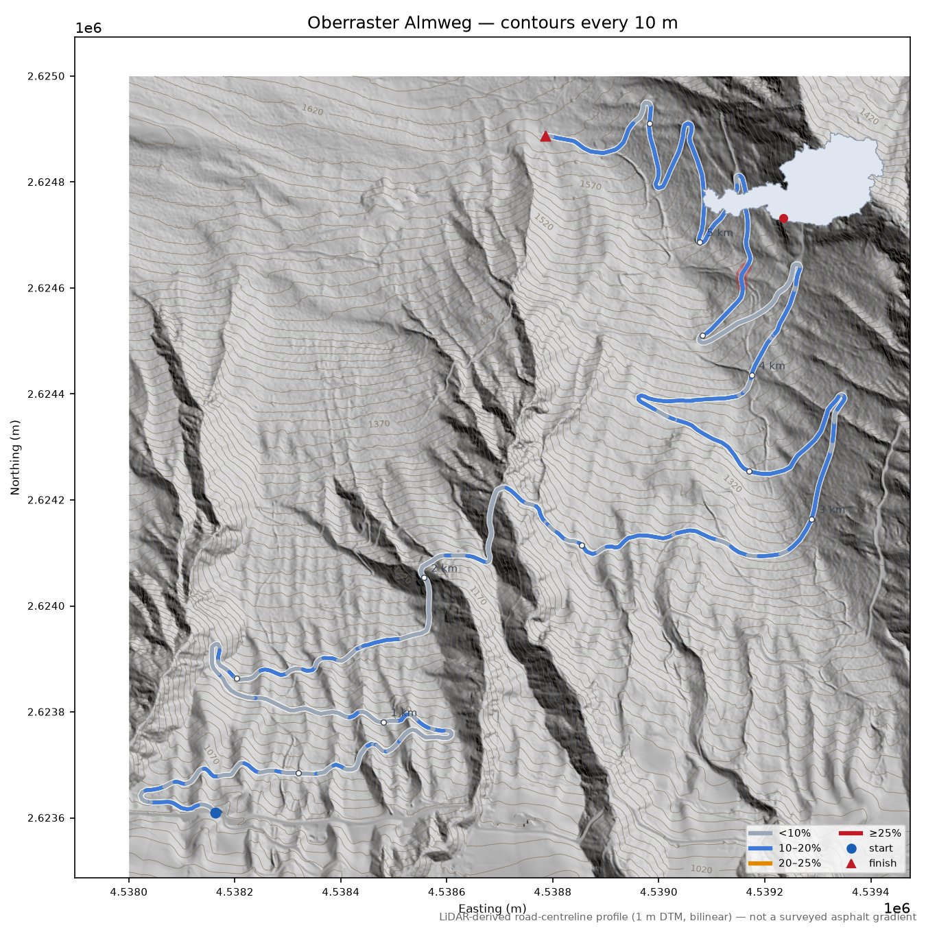 Oberraster Almweg LiDAR hillshade map with contours