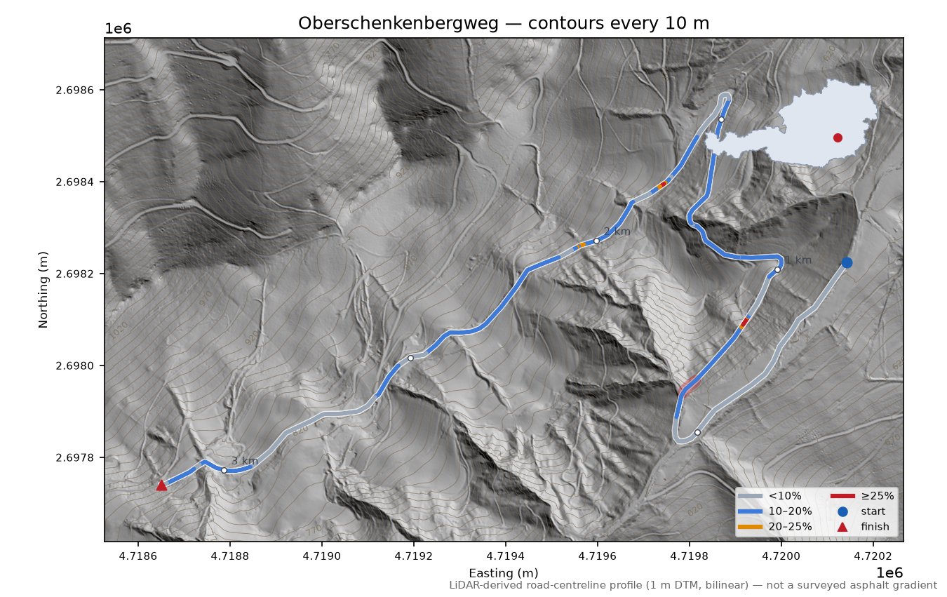 Oberschenkenbergweg LiDAR hillshade map with contours