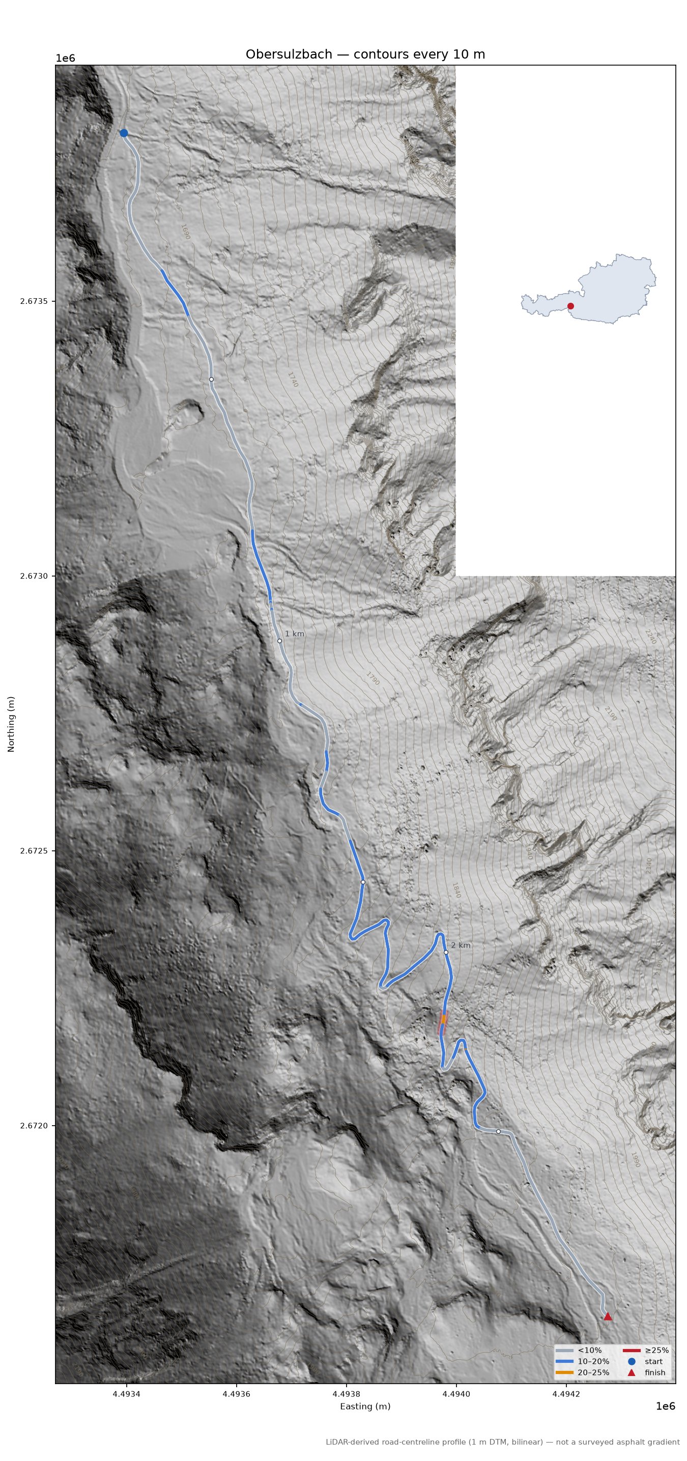 Obersulzbach LiDAR hillshade map with contours