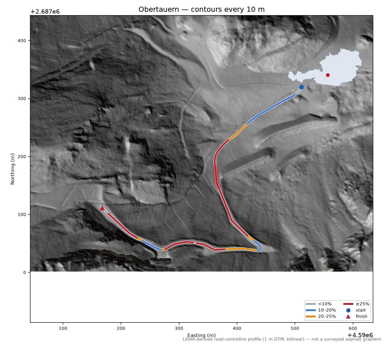 Obertauern LiDAR hillshade map with contours