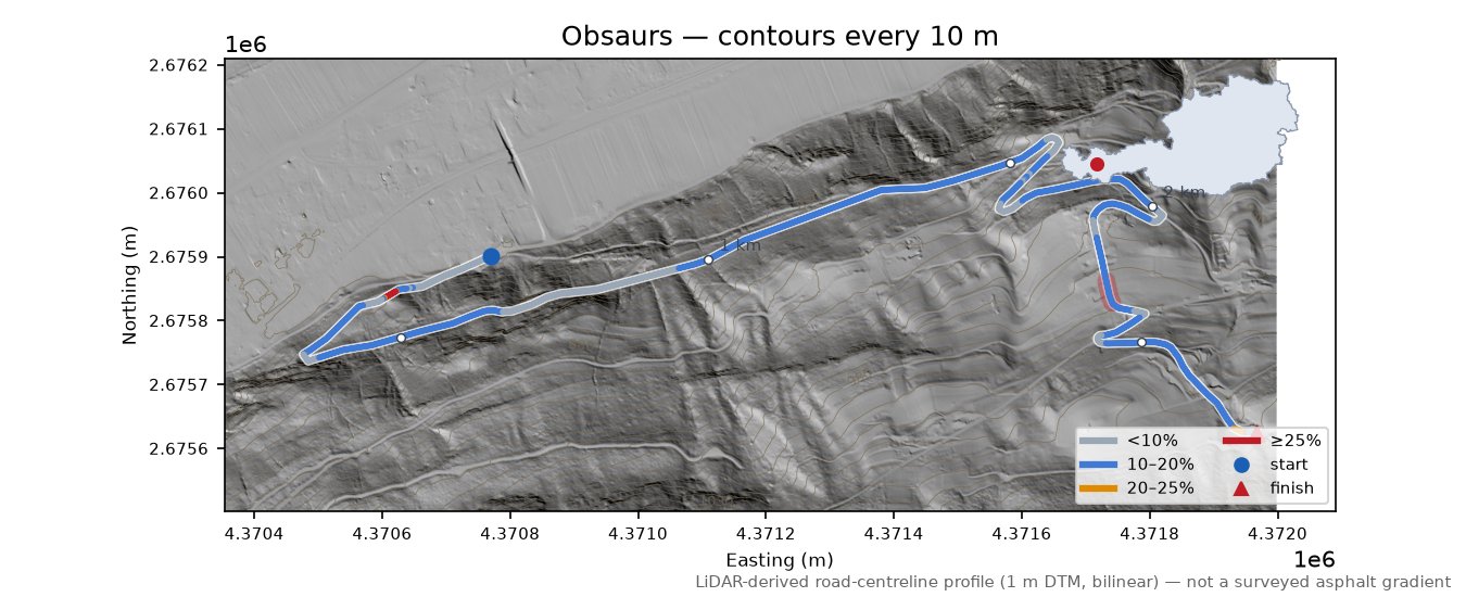 Obsaurs LiDAR hillshade map with contours