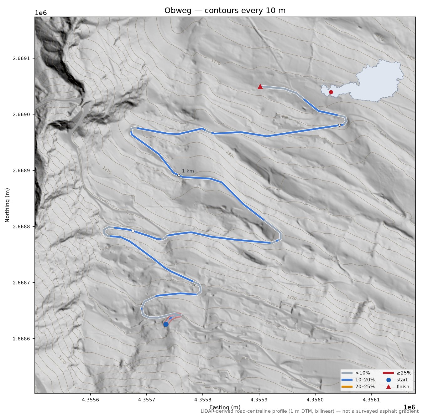 Obweg LiDAR hillshade map with contours