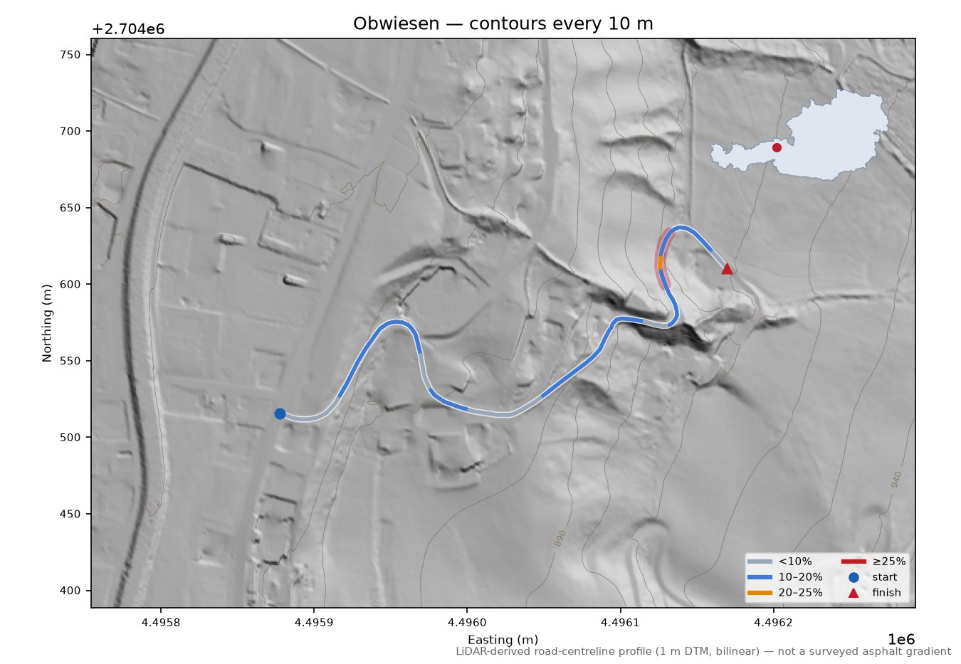 Obwiesen LiDAR hillshade map with contours