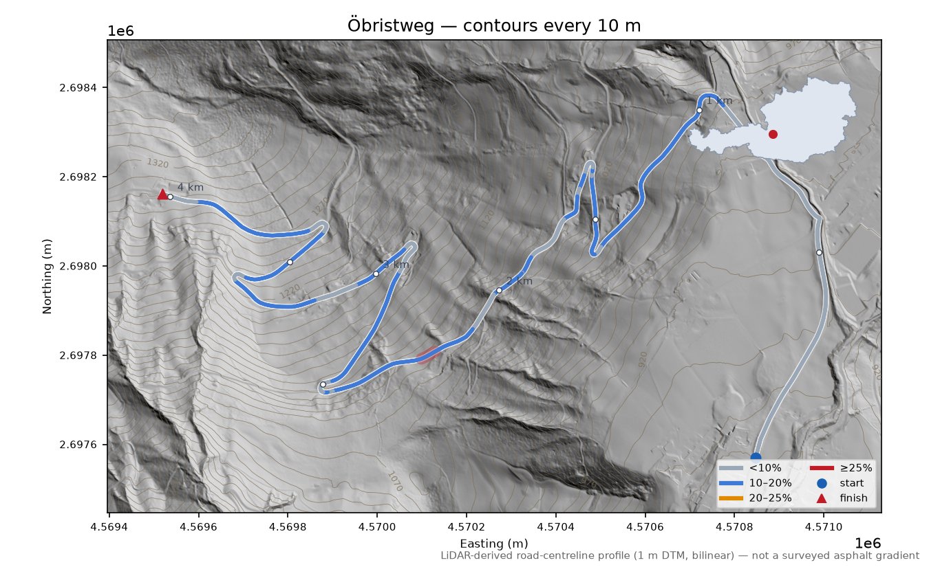 Öbristweg LiDAR hillshade map with contours