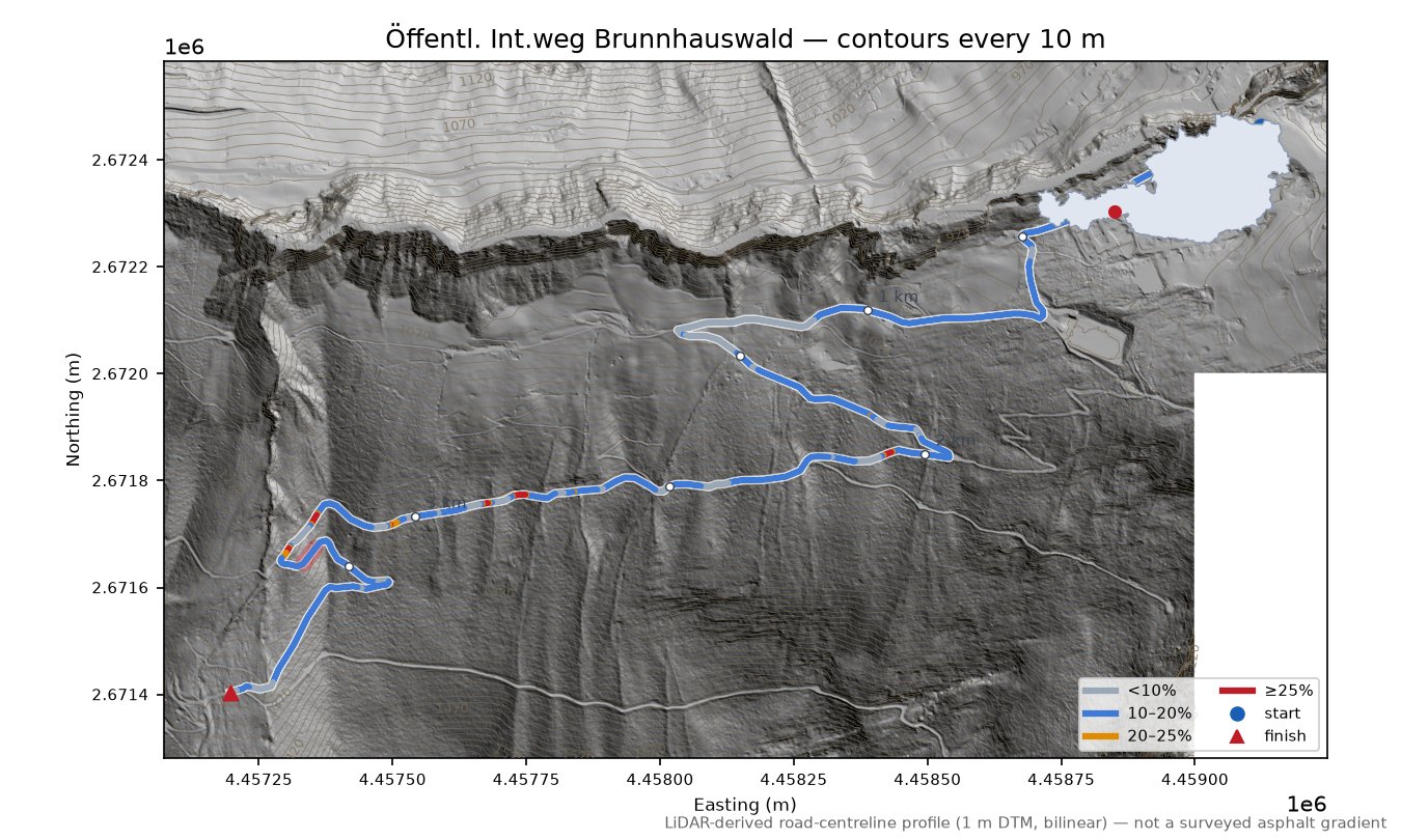 Öffentl. Int.weg Brunnhauswald LiDAR hillshade map with contours