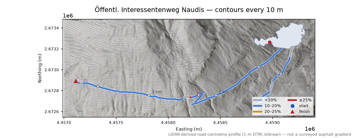 Öffentl. Interessentenweg Naudis LiDAR hillshade map with contours