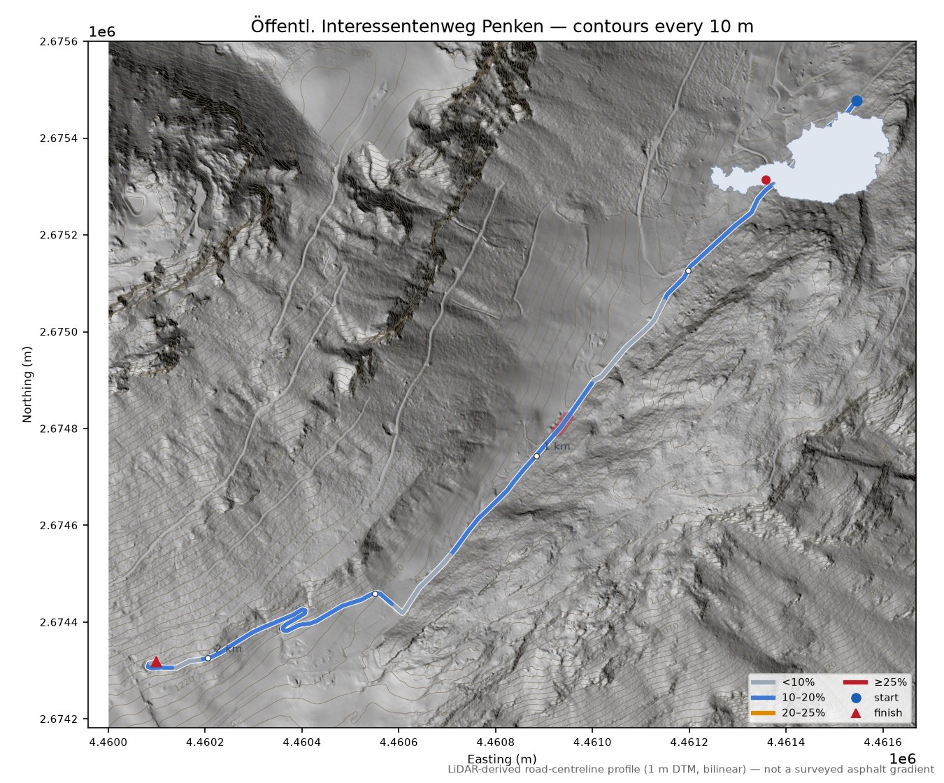 Öffentl. Interessentenweg Penken LiDAR hillshade map with contours