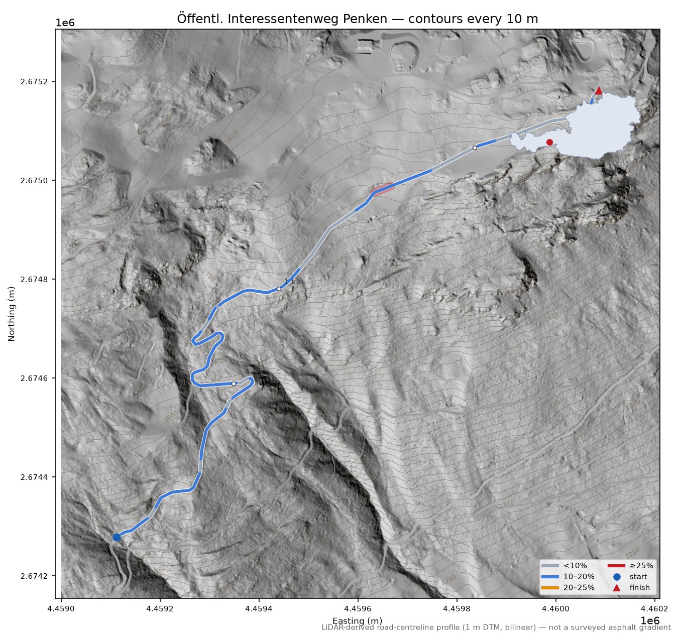 Öffentl. Interessentenweg Penken LiDAR hillshade map with contours