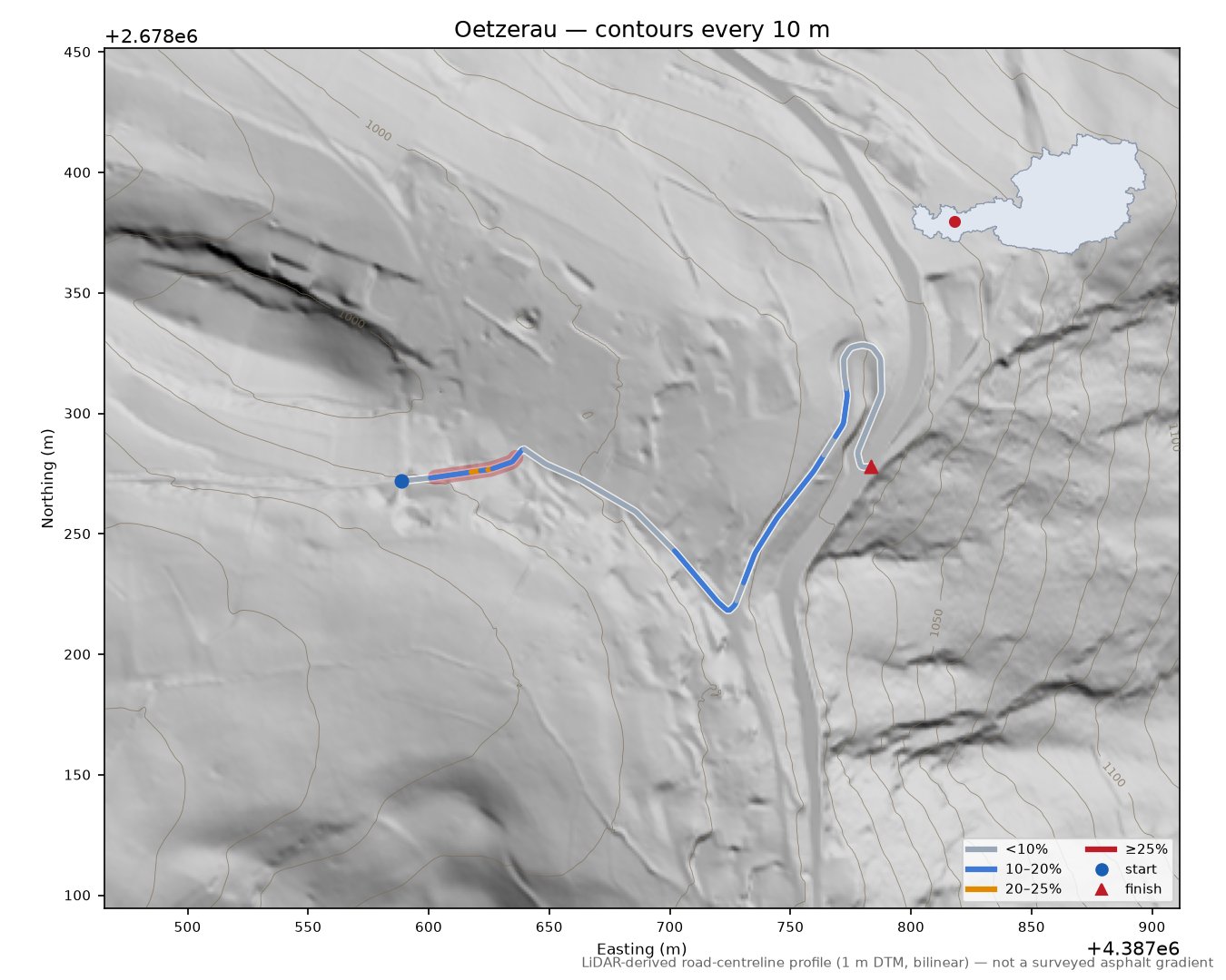 Oetzerau LiDAR hillshade map with contours