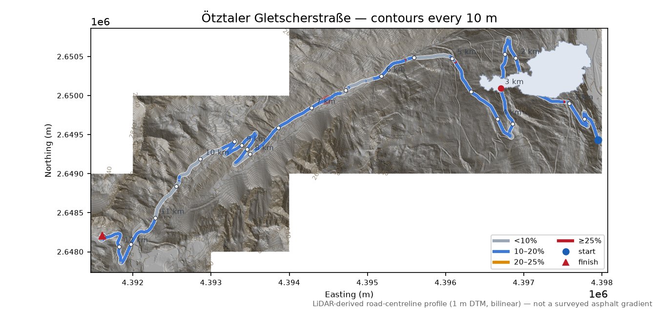 Ötztaler Gletscherstraße (Rettenbach) LiDAR hillshade map with contours