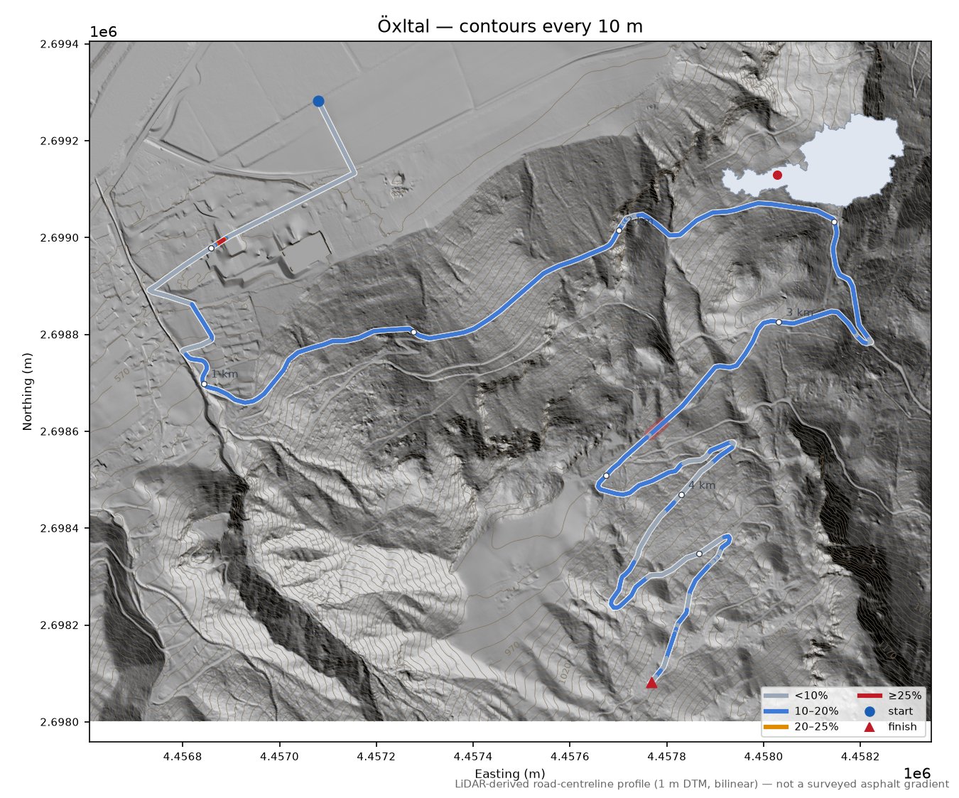 Öxltal LiDAR hillshade map with contours