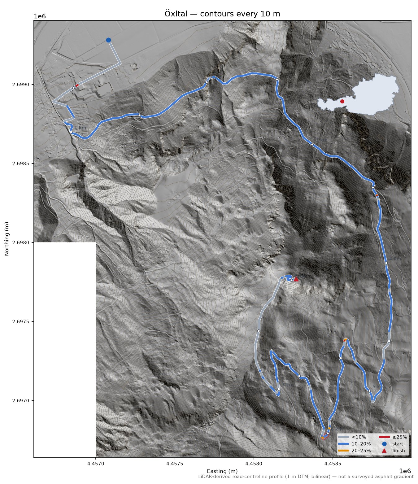 Öxltal LiDAR hillshade map with contours