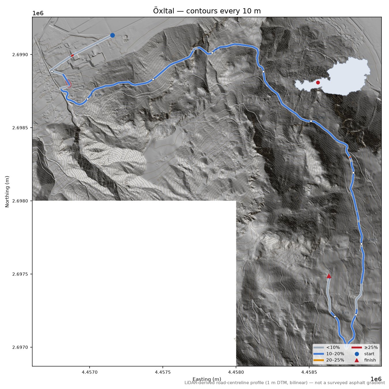 Öxltal LiDAR hillshade map with contours