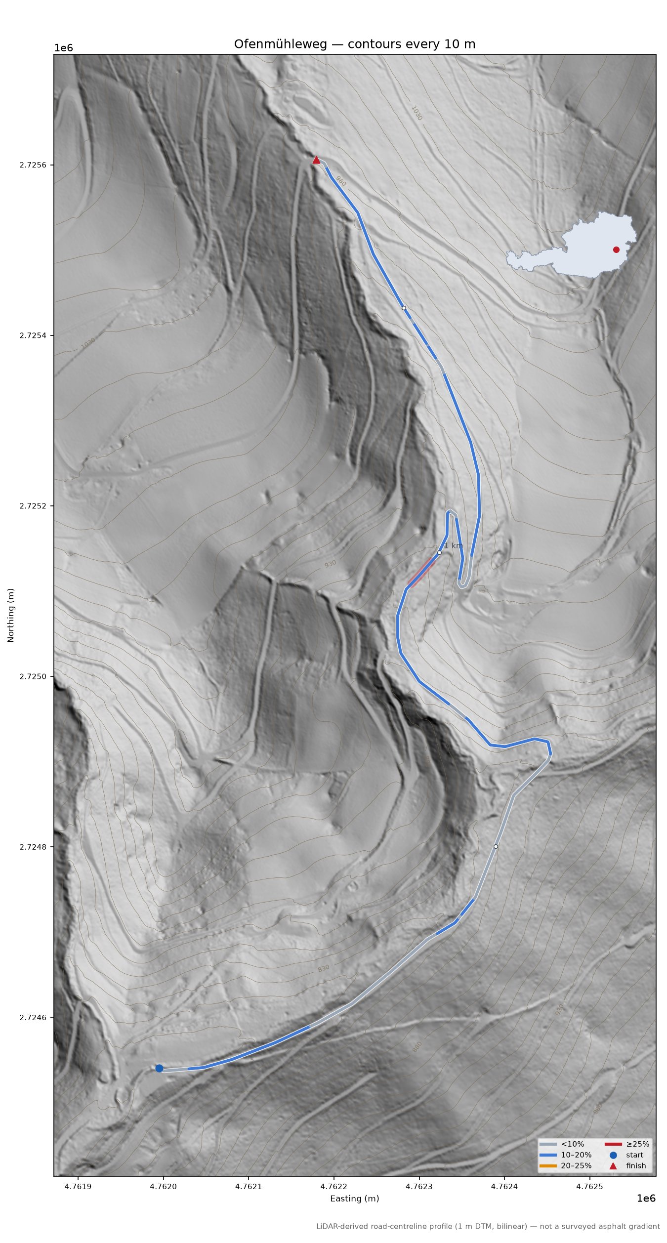 Ofenmühleweg LiDAR hillshade map with contours