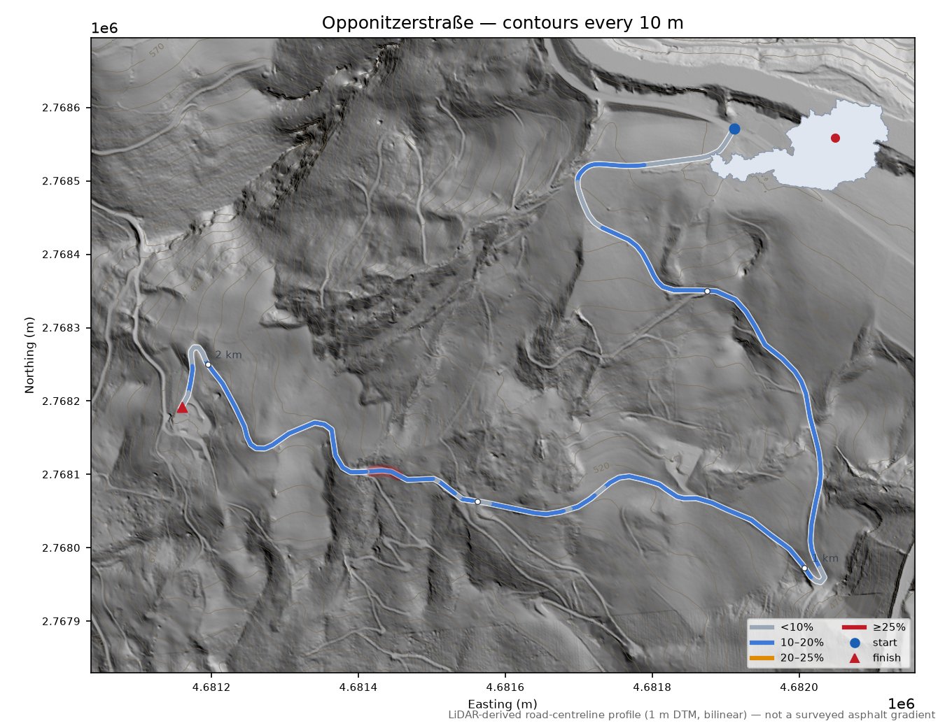 Opponitzerstraße LiDAR hillshade map with contours