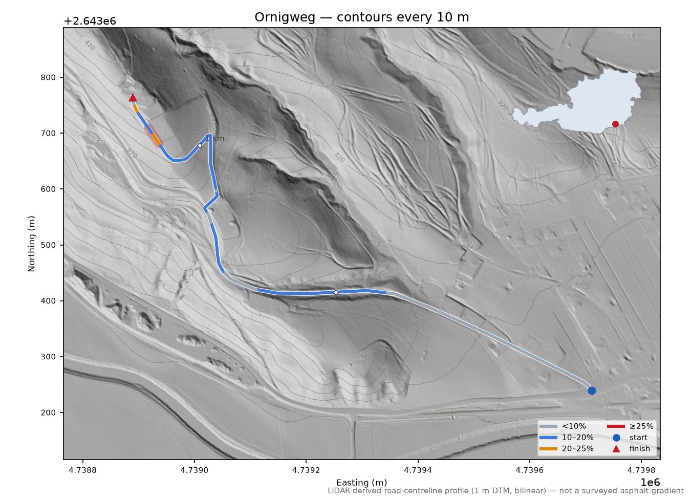 Ornigweg LiDAR hillshade map with contours