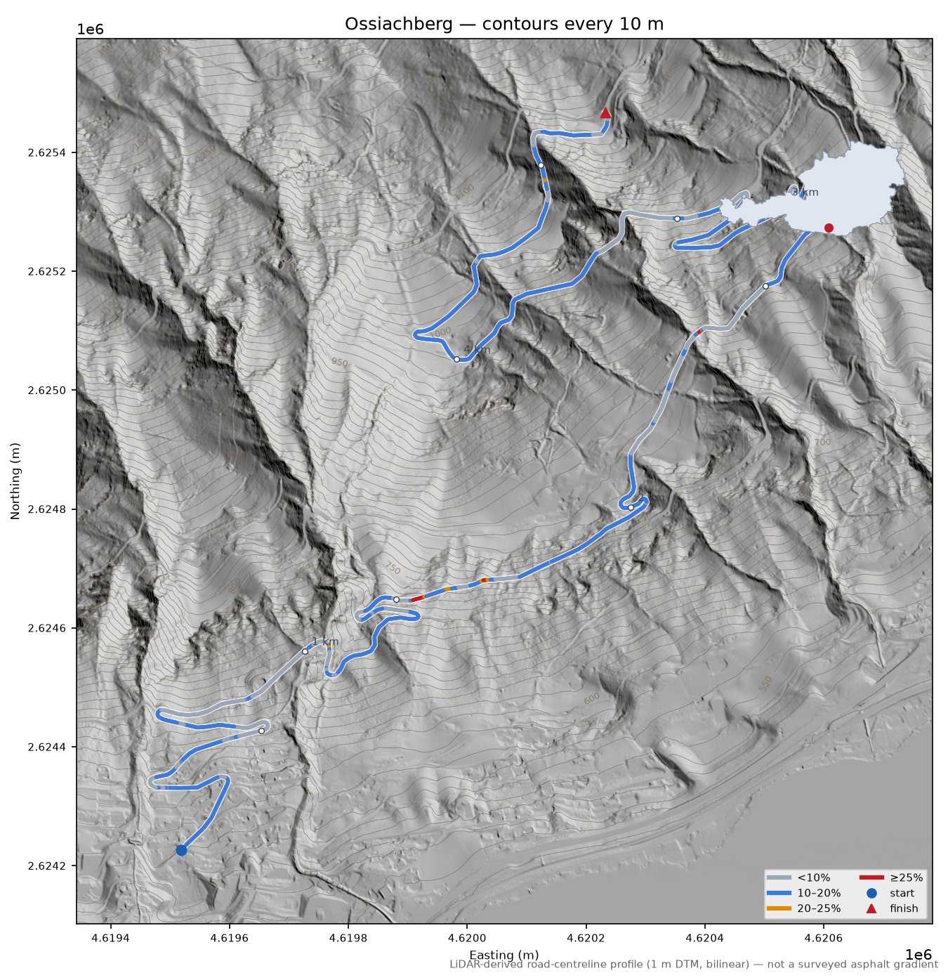Ossiachberg LiDAR hillshade map with contours