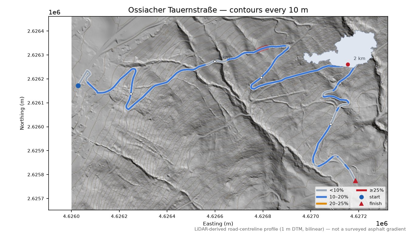 Ossiacher Tauernstraße LiDAR hillshade map with contours