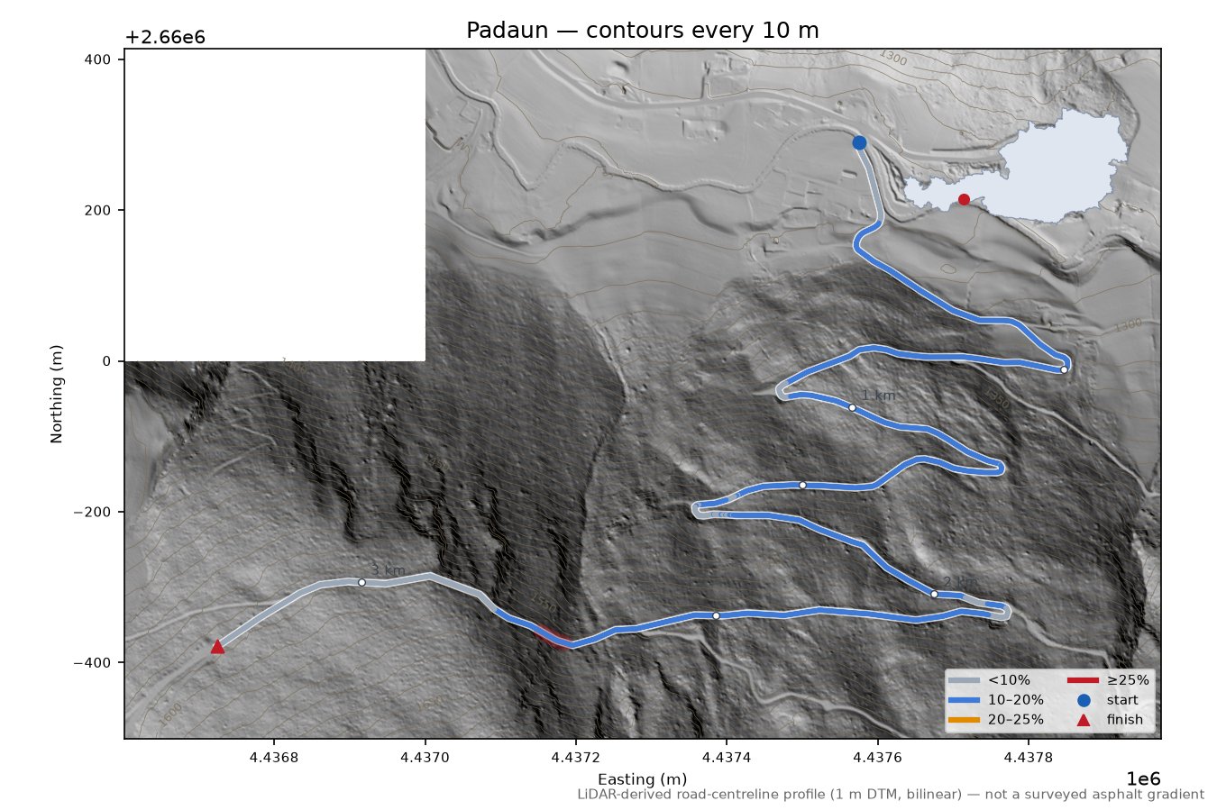 Padaun LiDAR hillshade map with contours