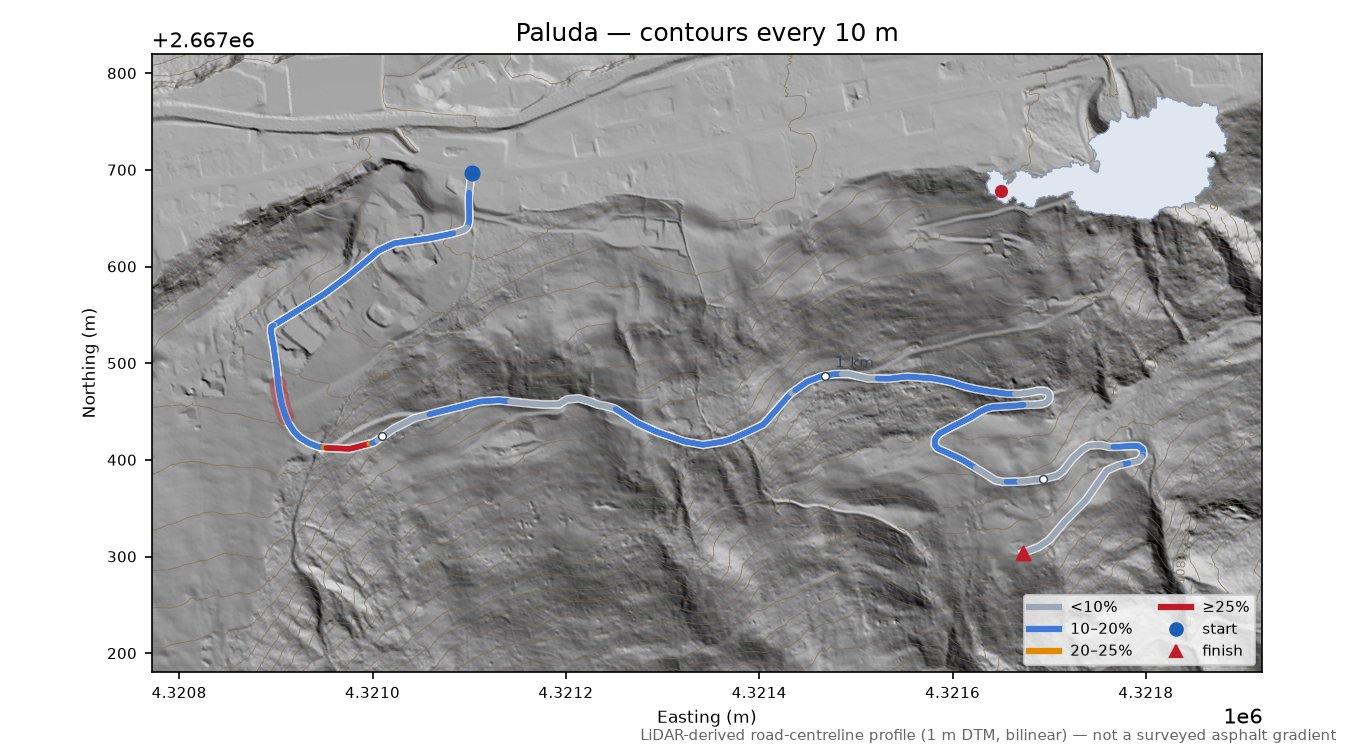 Paluda LiDAR hillshade map with contours