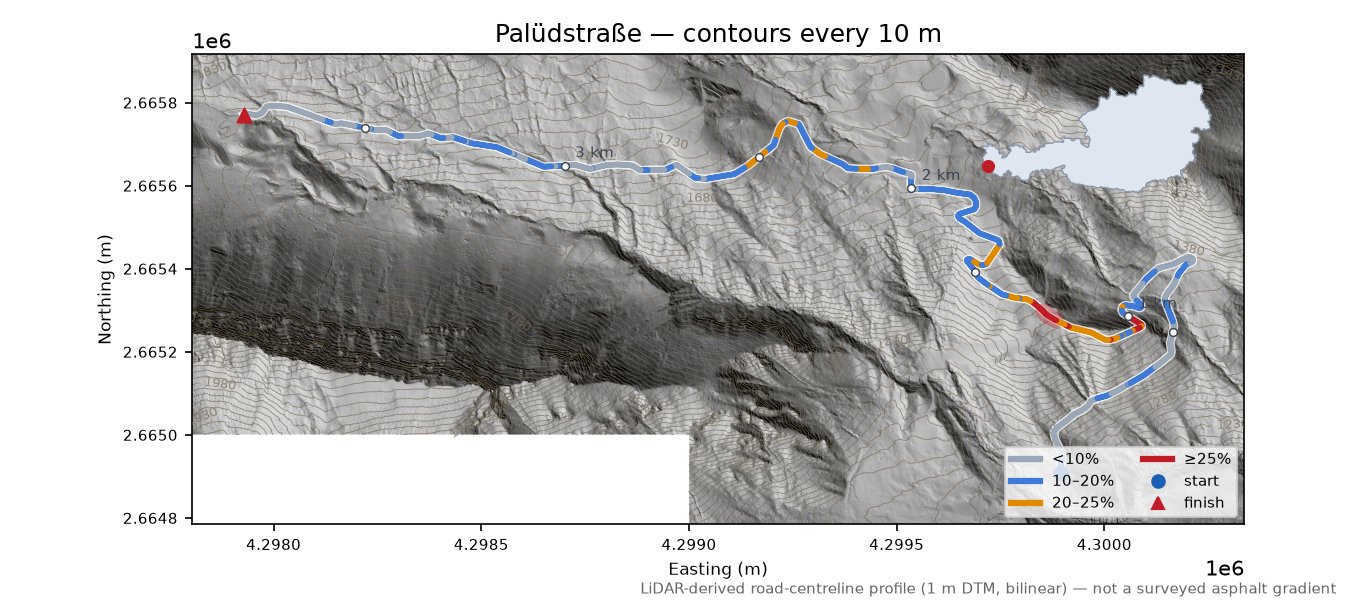 Palüdstraße LiDAR hillshade map with contours