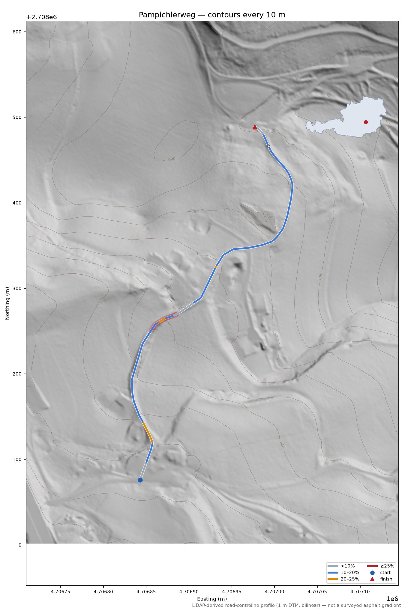 Pampichlerweg LiDAR hillshade map with contours