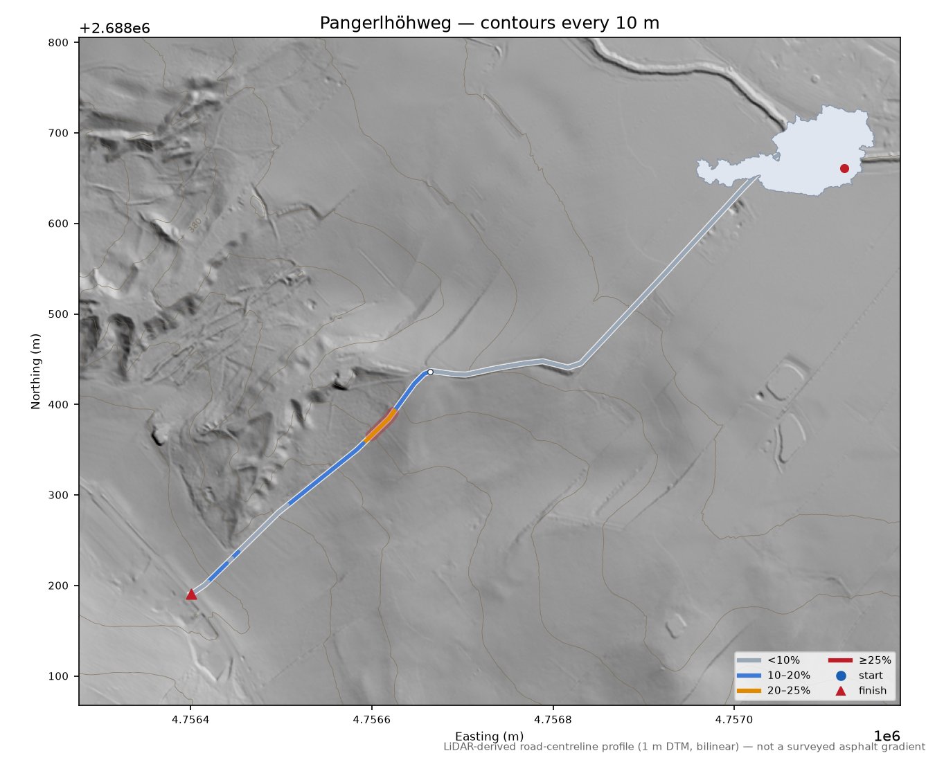 Pangerlhöhweg LiDAR hillshade map with contours