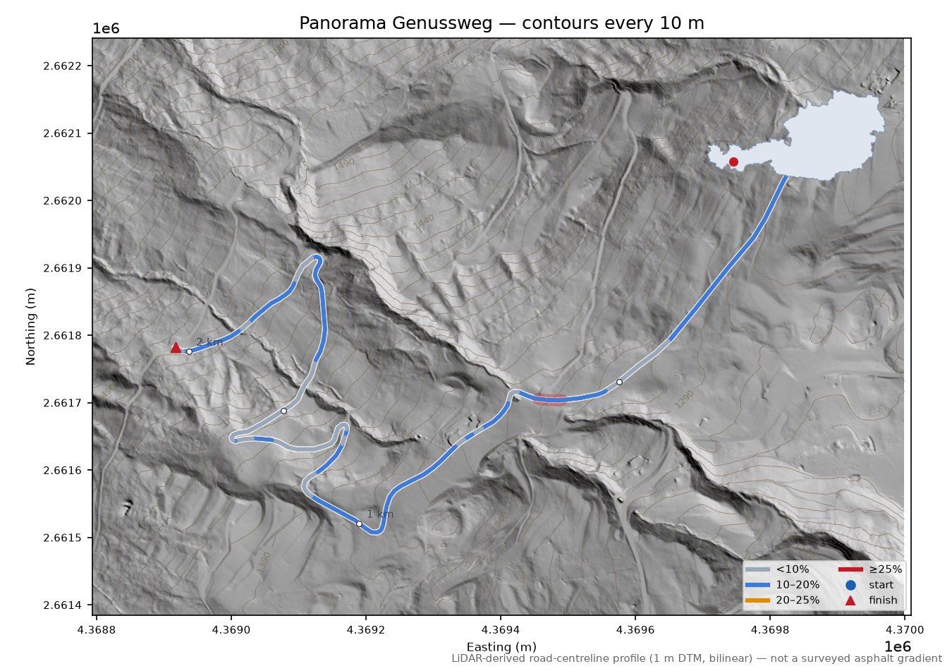 Panorama Genussweg LiDAR hillshade map with contours
