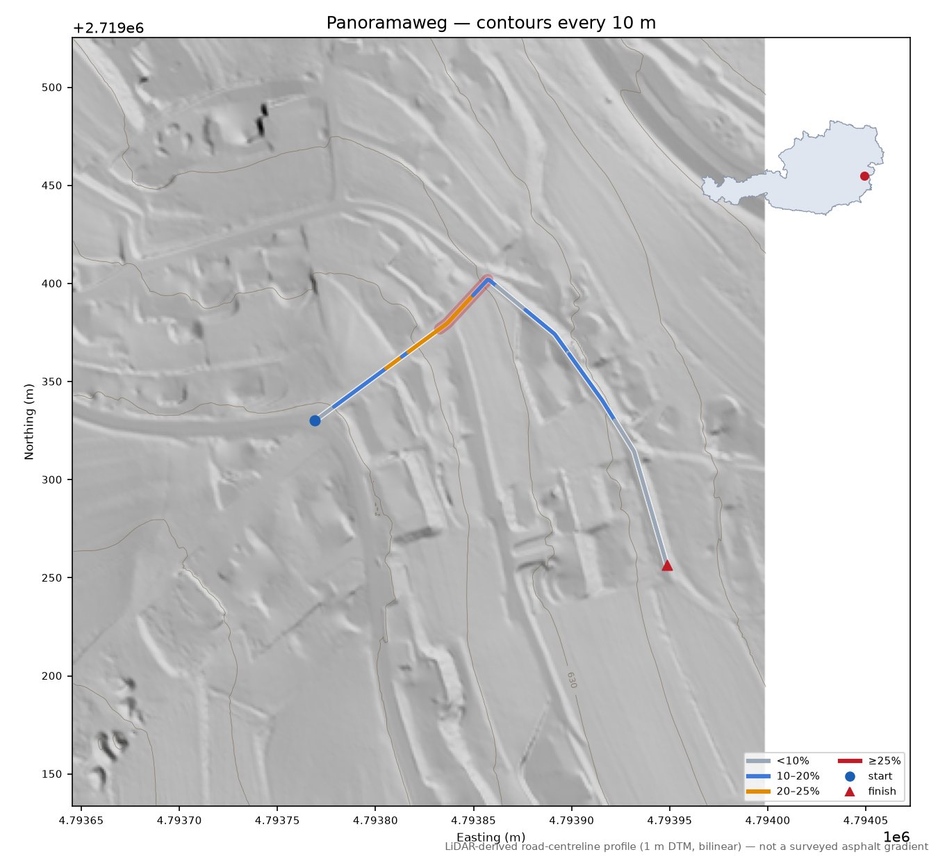 Panoramaweg LiDAR hillshade map with contours