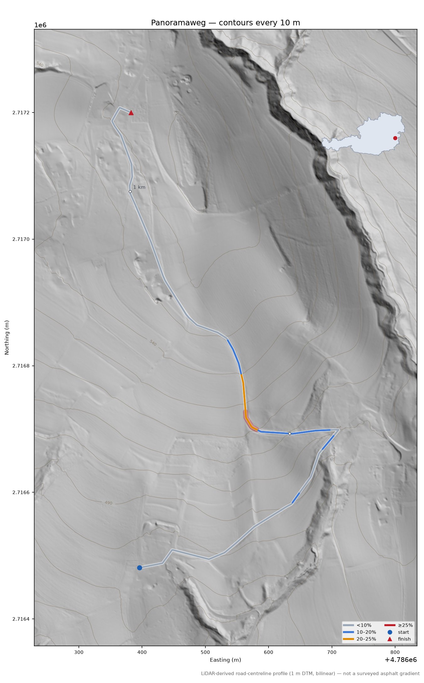 Panoramaweg LiDAR hillshade map with contours
