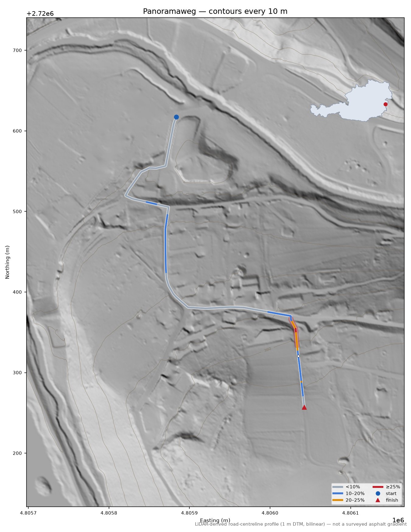 Panoramaweg LiDAR hillshade map with contours